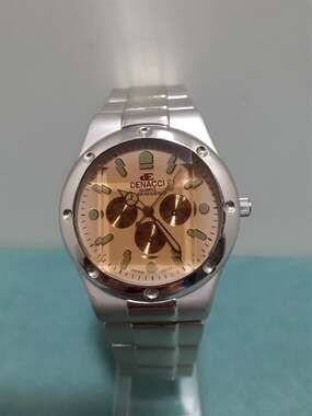 Vintage Denacci Mens Wristwatch Beveled Glass Crystal Japan Movement Silver Tone